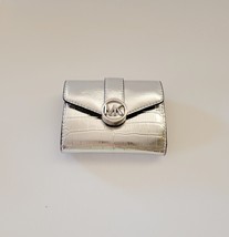 Michael Kors Carmen Medium Flap Bifold Wallet Silver Faux Leather  Embossed - £44.32 GBP