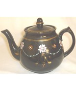 VINTAGE WADE ENGLAND BLACK PORCELAIN HAND PAINTED FLOWERS &amp; GOLD TEAPOT - £11.96 GBP