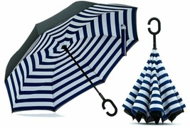 Siepasa Double Layer Inverted Umbrella with C-Shaped Handle Stripes / Navy Blue - £23.74 GBP