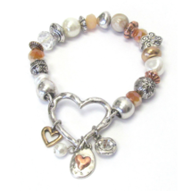 Multi Charm and Pearl Stretch Bangle Bracelet with Heart - £10.52 GBP