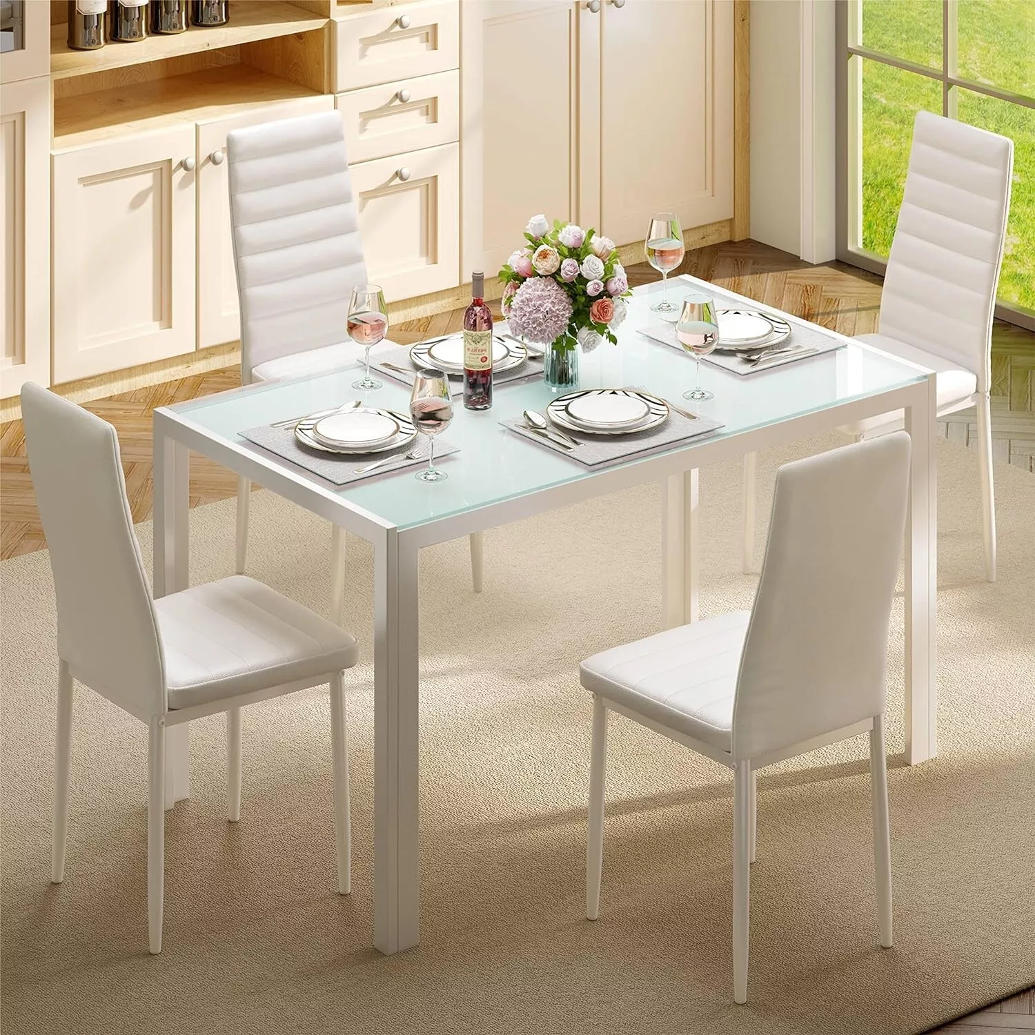 White 5 Piece Dining Table and Chairs Set: Glass Top Design for 4 - £155.96 GBP