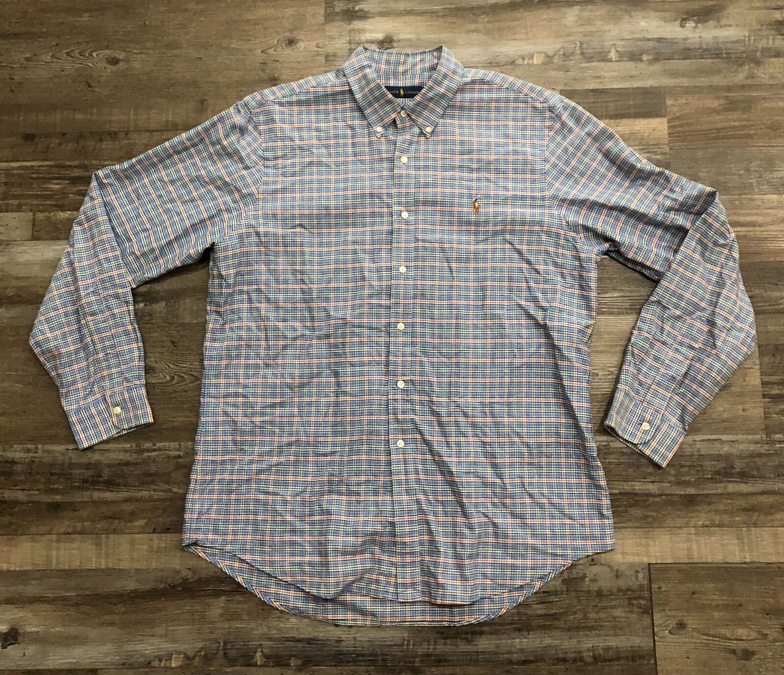 Ralph Lauren Stretch Oxford Button Down Shirt Mens XL Blue Plaid Preppy - $18.51