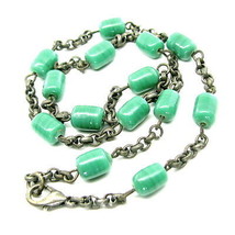 Green Glass Beads Oxidised finish Link chain Necklace 17.5 Inch - $10.01