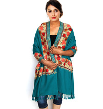 Women Kashmiri Light Blue Stole Ethnic Flower Embroidered Wool Shawl Cashmere - £62.14 GBP