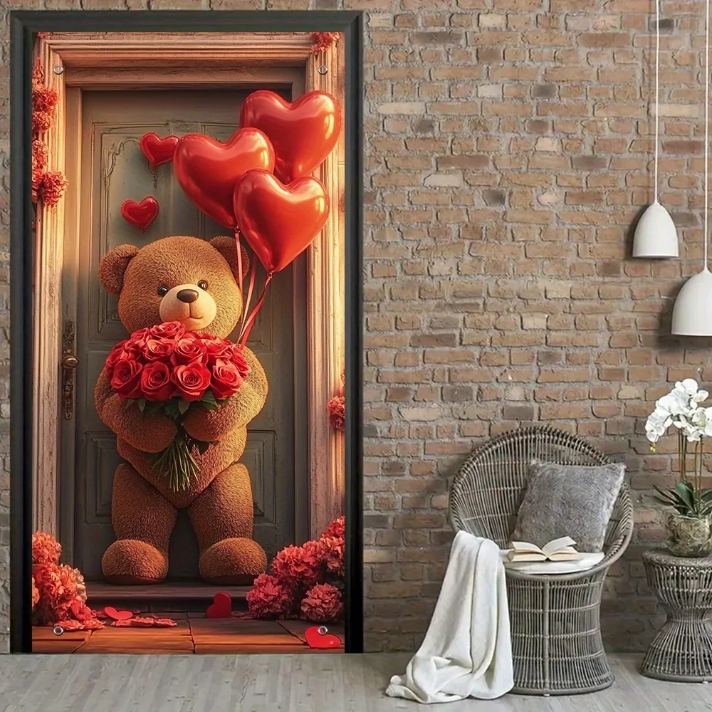 valentine day Docoration door banner bear red roses Festive Outdoor Indo... - $46.82 CAD