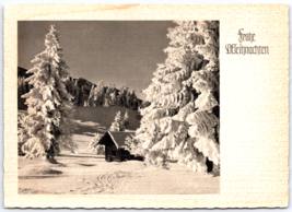 Vtg German Postcard Frohe Weihnachten (Merry Christmas) cabin snow tree - £3.86 GBP
