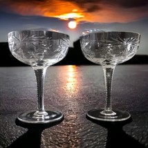 2 Vtg Etched Crystal Champagne Glasses Coupe Cordial Cocktail Floral Art Deco - £31.72 GBP