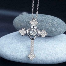 2.20 Ct Dancing Diamonds Cross Pendant Religious Necklace 14K White Gold Finish - £53.87 GBP