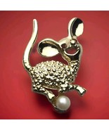 Vintage Simulated Pearl Red Rhinestone Eyes Mouse Brooch Pin - $11.95