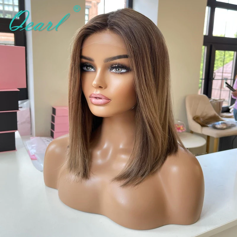 Straight Short Bob Lace Frontal Wig 13x4 Real Human Hair Wigs for Women Brown - £54.37 GBP+