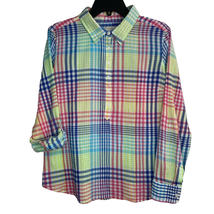 Talbots Madras Plaid Shirt Women Lp Gauze 1/2 Button Long Roll Tab Sleeve Cotton - £17.68 GBP