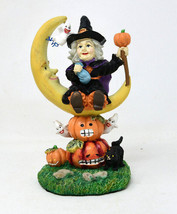 Halloween Witch Sitting On Cresent Moon Figurine Black Cat JOL Ghost Pum... - £11.92 GBP