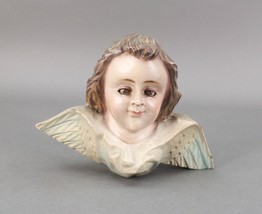 Vintage Antique Carved Wood Polychromed Angel Cherub Putti Icon Head Glass Eyes - £137.48 GBP