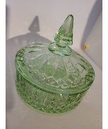 VINTAGE INDIANA GREEN GLASS LIDDED CANDY JAR, 6&quot; TALL, DIAMOND PATTERN - $35.19 CAD