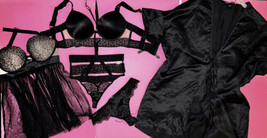 Victoria&#39;s Secret 34D Bra Set+S Strappy Thong+Babydoll+Robe Black Lace Very Sexy - £173.55 GBP
