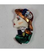 Vintage 1980s Woman Head Brooch Pin 2.5 Inch Total Length Gold Red Hat - €6,01 EUR