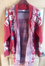 Women&#39;s Large Cardigan Native Southwest Print Brick Red Charcoal Cream Fringe - £16.85 GBP