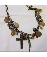 Cache Necklace Metal Chain Cross Disc Stones Beads Adjustable Match Top ... - $27.20