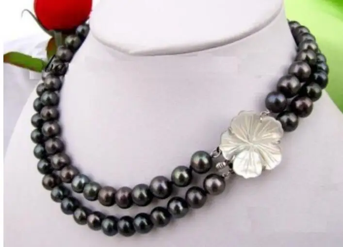 Jewelry Pearl Necklace Real 2 Row 9-10 Mm South Sea Black Natural Pearl - £56.35 GBP