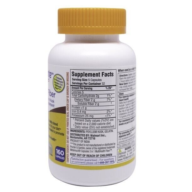 NEW Equate Daily Fiber 100 Psyllium Husk Capsules, Gluten Free, 160 ct