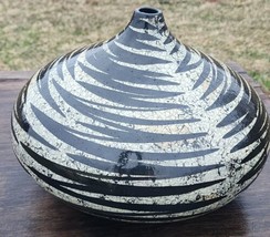 Zebra Striped Art Pottery Vase Glossy Black Glaze &amp; Crackled Relief Artisan  - $193.05