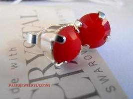 swarovski crystal stud earrings / Post / Pierced Earrings /  Red Coral / 925 Ste - £18.87 GBP