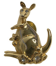 Vintage Avon Goldtone Metal &amp; Clear Rhinestone Kangaroo &amp; Joey Lapel Pin - £4.50 GBP