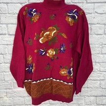 Vintage 90s Leslie Fay Mock Neck Sweater Size L Maroon Red Floral Embroidered  - £33.28 GBP