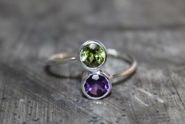 Double Birthstone Ring Peridot Amethyst ring 5 mm Round Silver Stacking ring - £32.29 GBP