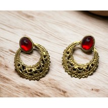 Gold Tone Round Filigree Earrings Vintage Red Bead Accent - $11.95