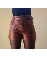 Women&#39;s brown Olivaceous high waist leather shorts with a belt. - $42.08 CAD