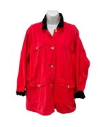 Vintage 90s Cherry Red Black Velvet Trim Cotton Chore Coat Jacket size L... - $38.43