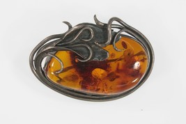 Vintage Baltic Amber Sterling Silver Flower Brooch Pin 14.8g - £137.22 GBP