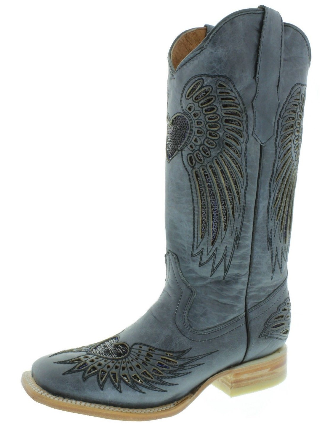 Womens Western Boots Cowboy Denim Blue Leather Black Sequins Heart Wings... - $76.82