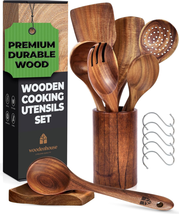 Wooden Cooking Utensils Set with Holder &amp; Spoon Rest - 8-Piece Set - £50.74 GBP