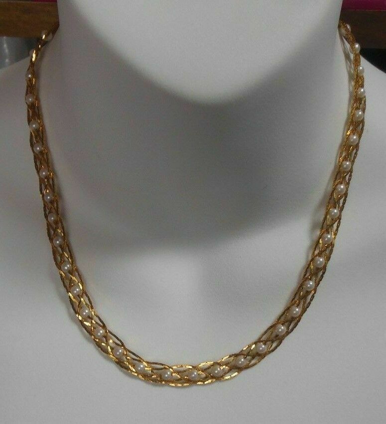 Vintage Avon Gold-tone Faux Pearl Braided Chain Necklace - $15.83
