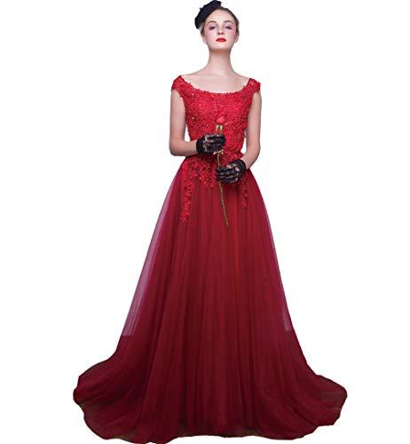 Kivary Plus Size Cap Sleeves Beaded Lace Long Prom Dresses Evening Gown Wine Red