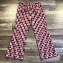 Vintage 70s Wide Leg High Rise Polyester Pants Womens S/M Maroon Check 2... - £18.56 GBP