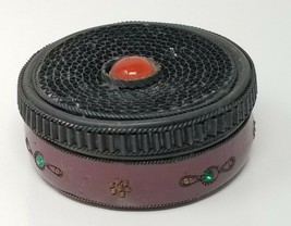 Trinket Box Enameled With Stones Honeycomb Purple Black Metal Vintage Small - £18.64 GBP