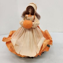 Vintage Nan&#39;s 1989 Fall Orange Pumpkin Halloween Harvest Corn Husk Doll 7.5&quot; - £28.05 GBP