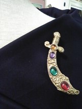 Vintage Golden Pin Brooch Faux Multicolor Gems Jewelled Scimitar Exotic Sword - $28.00