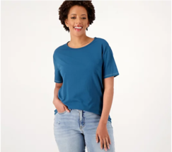 Candace Cameron Bure Short-Sleeve Top w/ Contrast Stitching (Peacock,1X) A592706 - £9.92 GBP