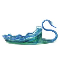 Murano Style Hand Blown Glass Swan Candy Dish Bowl Blue Green Swirl 16.5&quot; Long - £50.39 GBP