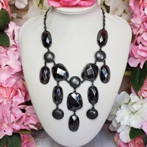 Shiny Graphite Gray Dangle Bib Necklace Gunmetal Gray Statement Necklace - $18.95