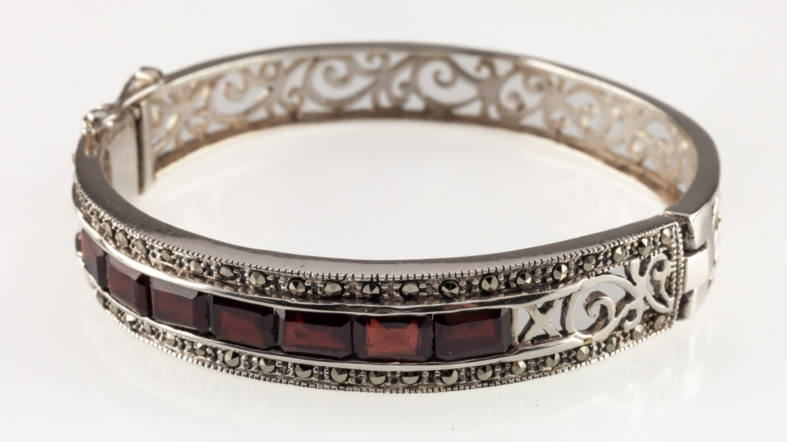 Sterling Silver Thai Bangle with Bezel Set Garnets and Marcasite Accents Item image 2