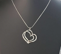 Double Heart Pendant Necklace Silver Tone - Brand New - £11.12 GBP