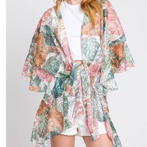 Ruffle Edge Tropical Leaves Print Kimono - $24.75