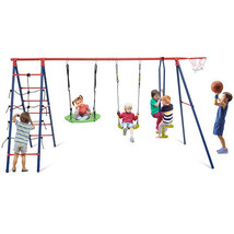550 LBS 6-in-1 Patio Kids Swing Set with Climbing Net and Ladder-Red - C... - $333.99
