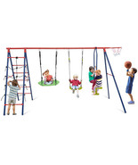 550 LBS 6-in-1 Patio Kids Swing Set with Climbing Net and Ladder-Red - C... - $333.99
