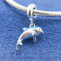 925 Sterling Silver Shimmering Dolphin Dangle Pendant Charm Bead  - £13.58 GBP
